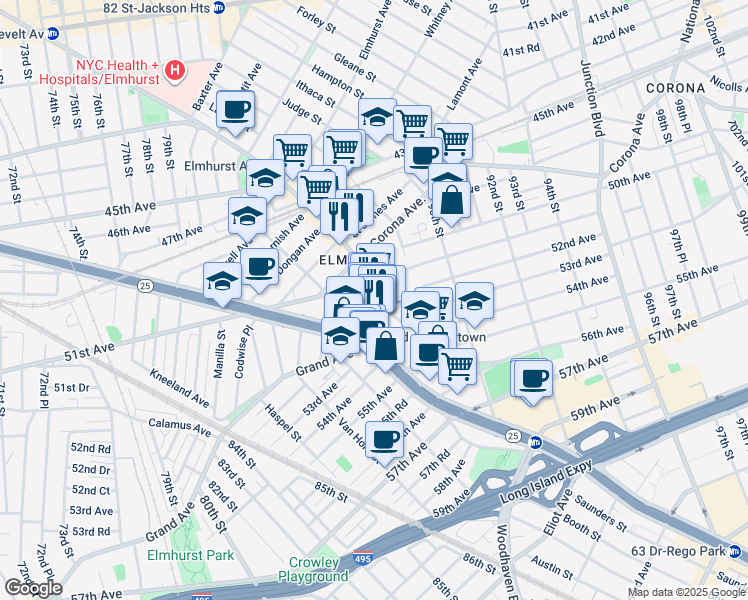 map of restaurants, bars, coffee shops, grocery stores, and more near 8615 Broadway in Queens