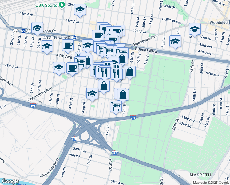 map of restaurants, bars, coffee shops, grocery stores, and more near 48-21 47th Street in Queens