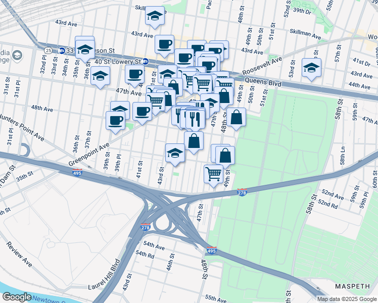 map of restaurants, bars, coffee shops, grocery stores, and more near 4829 46th Street in Queens