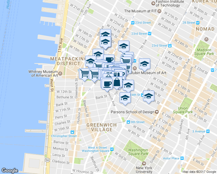 map of restaurants, bars, coffee shops, grocery stores, and more near 219 West 13th Street in New York