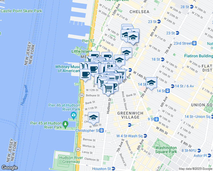 map of restaurants, bars, coffee shops, grocery stores, and more near in New York
