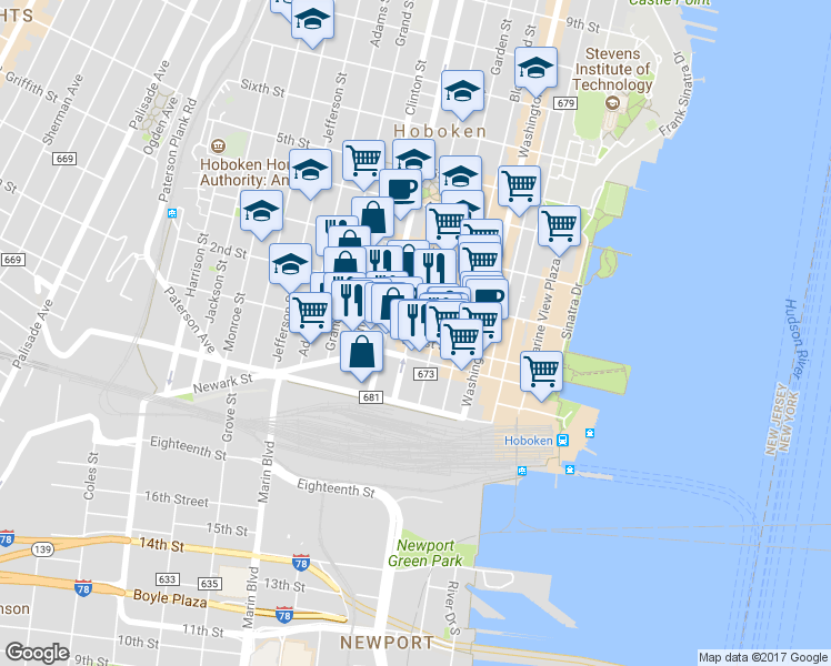 map of restaurants, bars, coffee shops, grocery stores, and more near 109 Willow Avenue in Hoboken