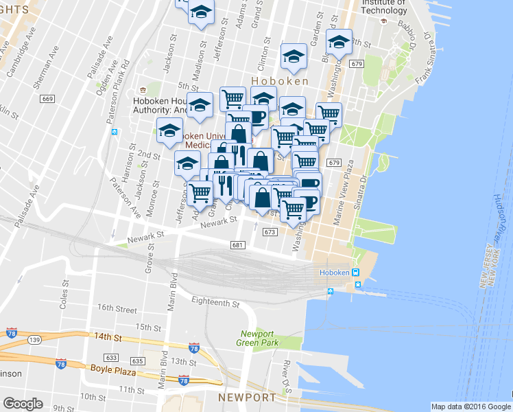 map of restaurants, bars, coffee shops, grocery stores, and more near 109 Willow Avenue in Hoboken