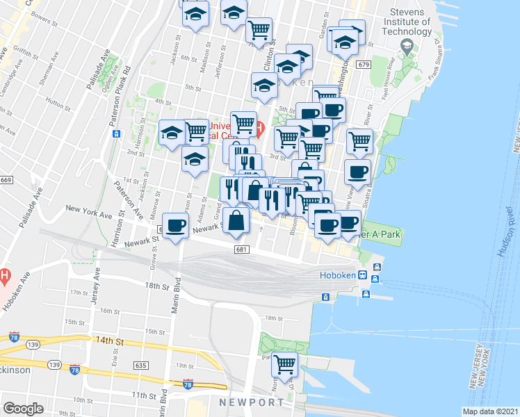map of restaurants, bars, coffee shops, grocery stores, and more near 109 Willow Avenue in Hoboken