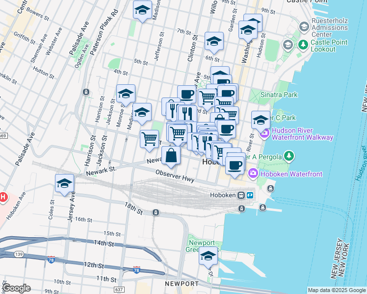 map of restaurants, bars, coffee shops, grocery stores, and more near 109 Willow Avenue in Hoboken