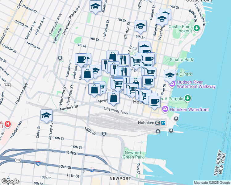 map of restaurants, bars, coffee shops, grocery stores, and more near in Hoboken