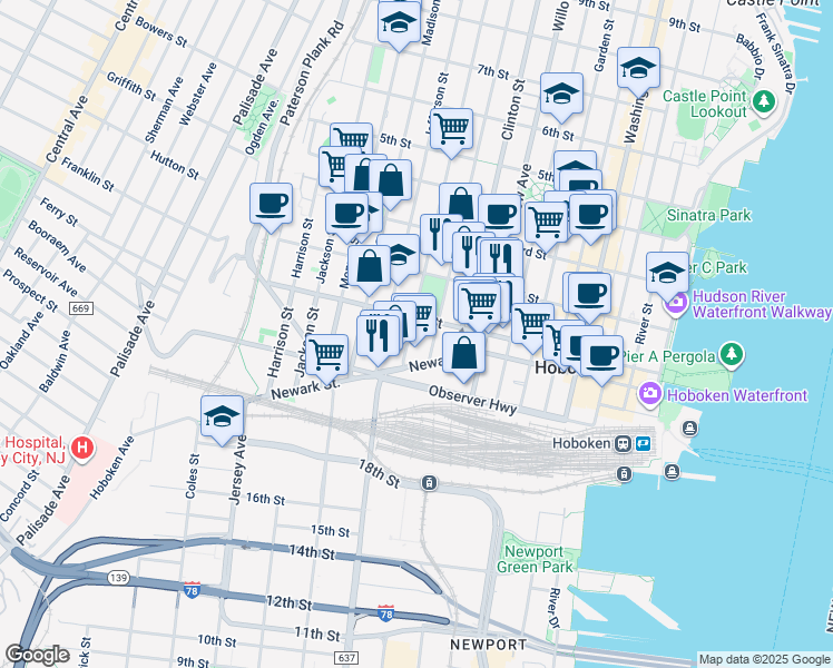 map of restaurants, bars, coffee shops, grocery stores, and more near 413a 1st Street in Hoboken