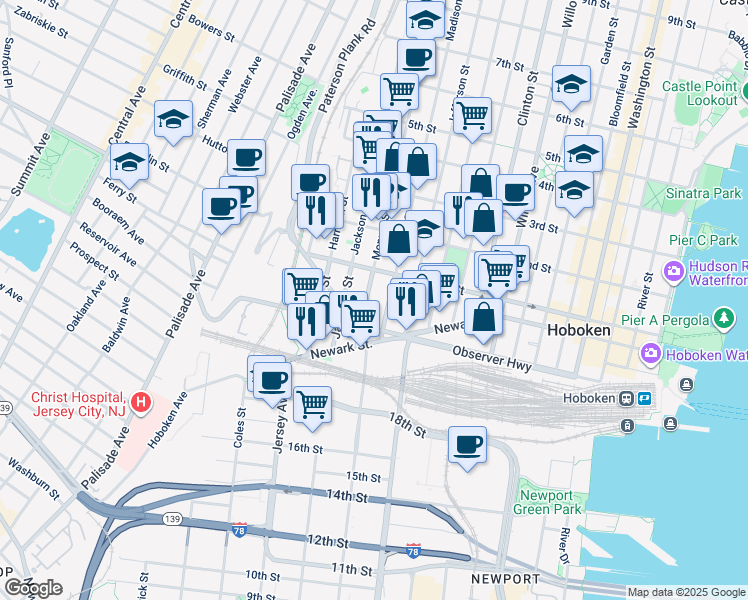map of restaurants, bars, coffee shops, grocery stores, and more near 83 Monroe Street in Hoboken