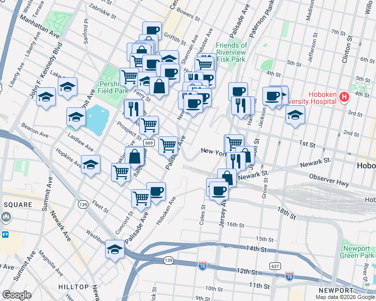 map of restaurants, bars, coffee shops, grocery stores, and more near 296 Palisade Avenue in Jersey City