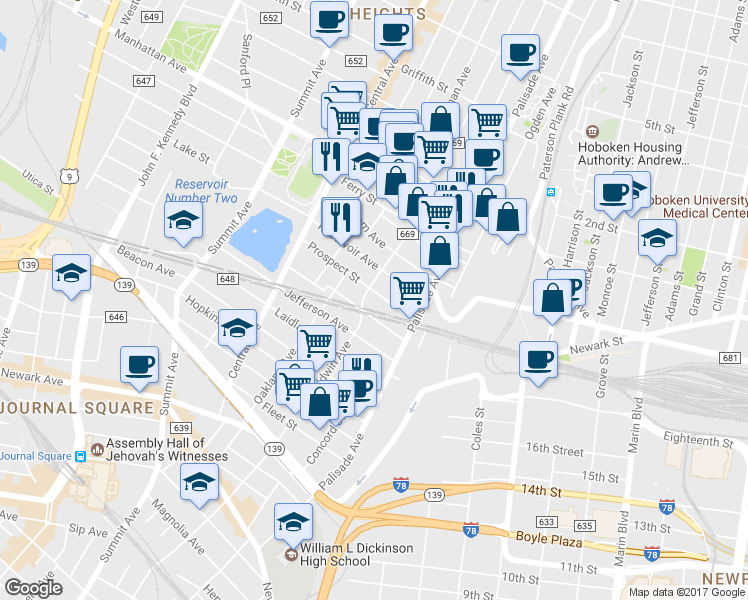 map of restaurants, bars, coffee shops, grocery stores, and more near in Jersey City
