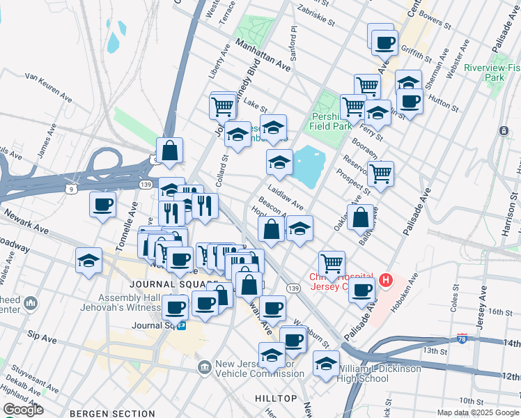 map of restaurants, bars, coffee shops, grocery stores, and more near 187 Beacon Avenue in Jersey City
