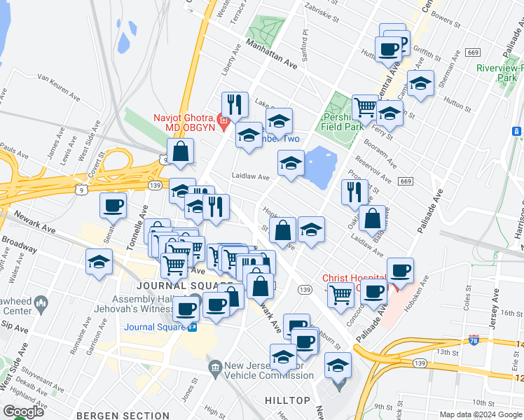 map of restaurants, bars, coffee shops, grocery stores, and more near 187 Beacon Avenue in Jersey City