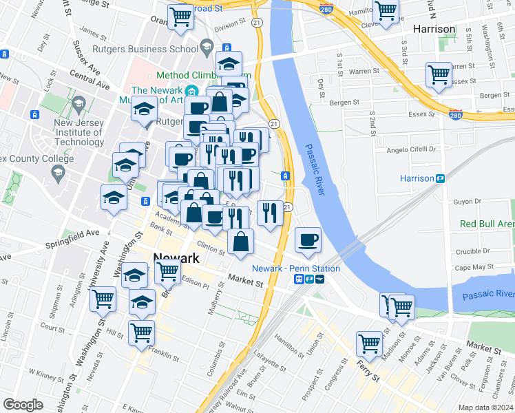 map of restaurants, bars, coffee shops, grocery stores, and more near in Newark