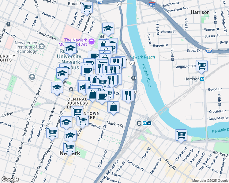 map of restaurants, bars, coffee shops, grocery stores, and more near in Newark