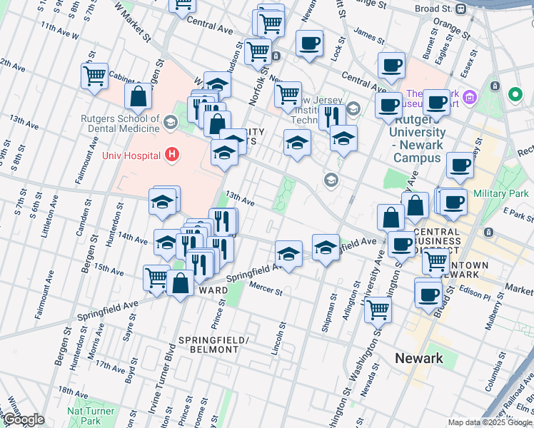 map of restaurants, bars, coffee shops, grocery stores, and more near 107 13th Avenue in Newark