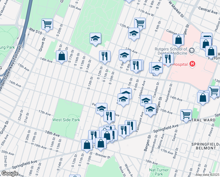 map of restaurants, bars, coffee shops, grocery stores, and more near 436 South 11th Street in Newark