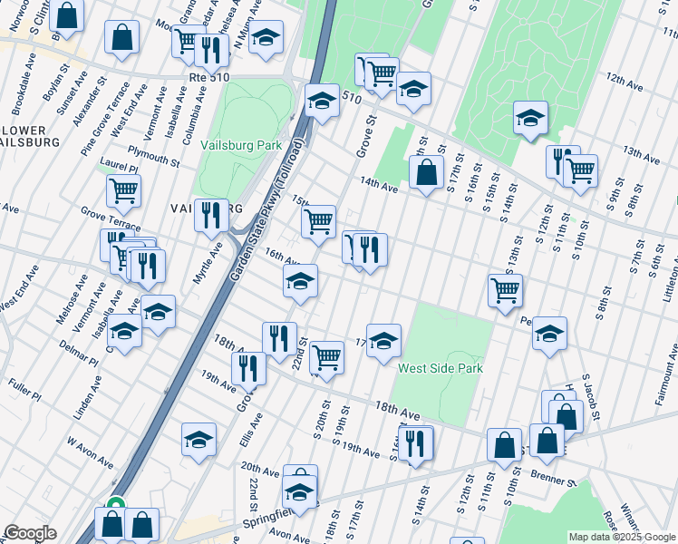 map of restaurants, bars, coffee shops, grocery stores, and more near 7 Roosevelt Terrace in Irvington