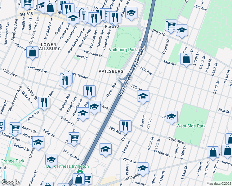 map of restaurants, bars, coffee shops, grocery stores, and more near 388 Myrtle Avenue in Irvington