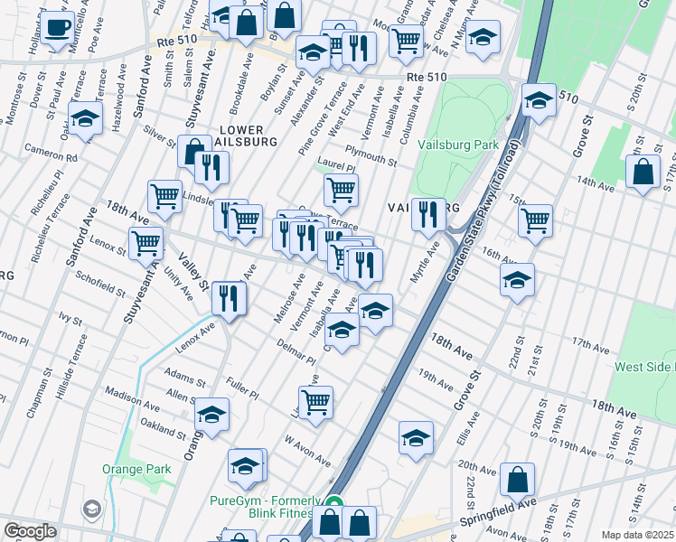map of restaurants, bars, coffee shops, grocery stores, and more near 192 Vermont Avenue in Irvington