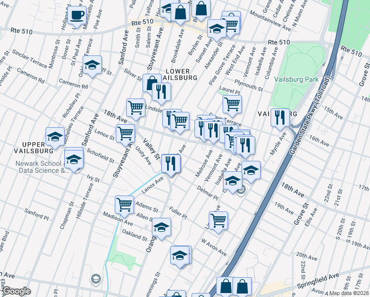 map of restaurants, bars, coffee shops, grocery stores, and more near 212 Alexander Street in Newark
