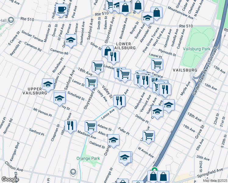 map of restaurants, bars, coffee shops, grocery stores, and more near 223 Sunset Avenue in Newark