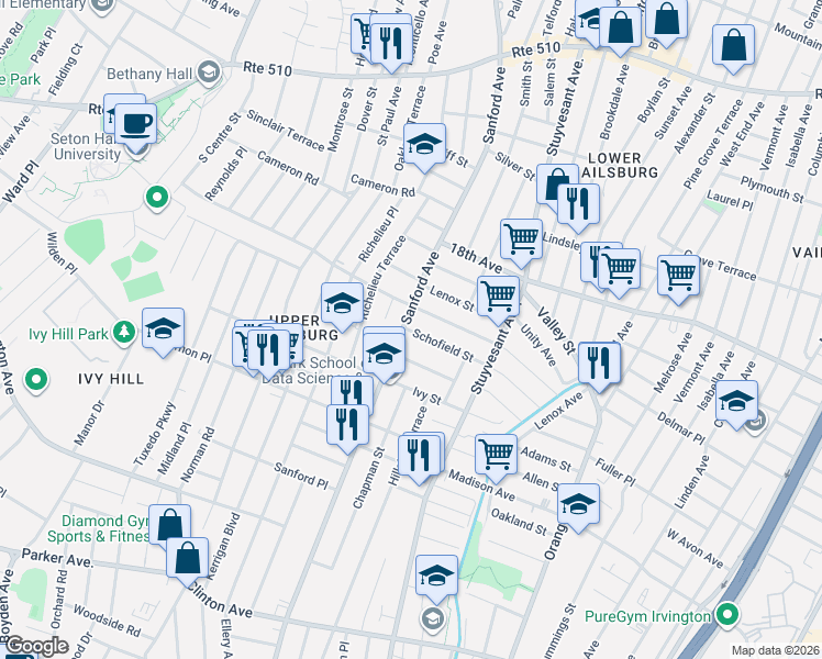 map of restaurants, bars, coffee shops, grocery stores, and more near 130 Underwood Street in Newark