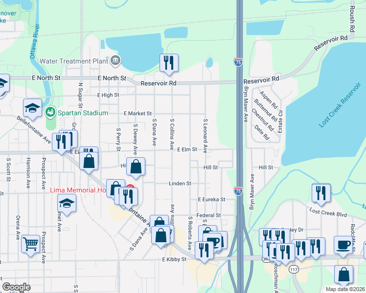 map of restaurants, bars, coffee shops, grocery stores, and more near 147 South Collins Avenue in Lima