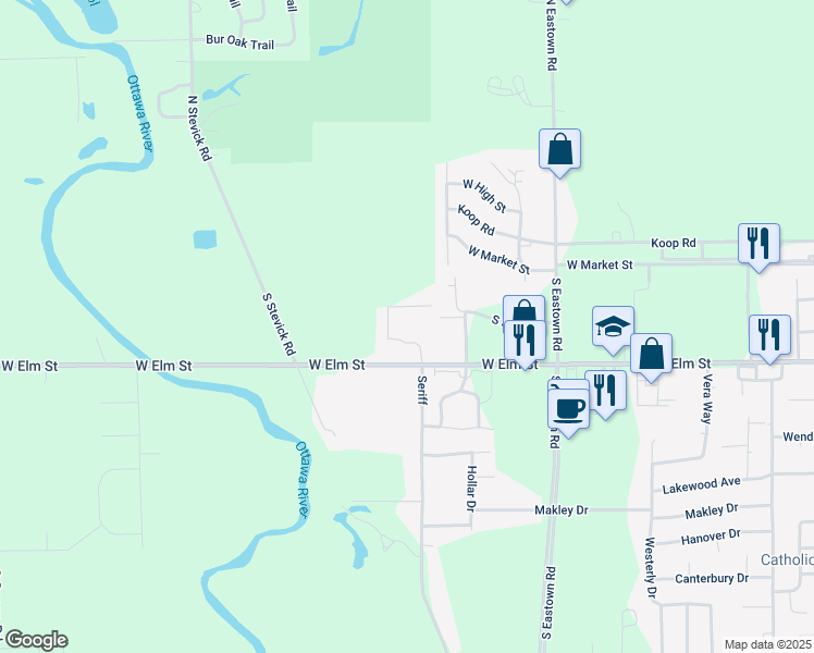 map of restaurants, bars, coffee shops, grocery stores, and more near 3500 West Elm Street in Lima