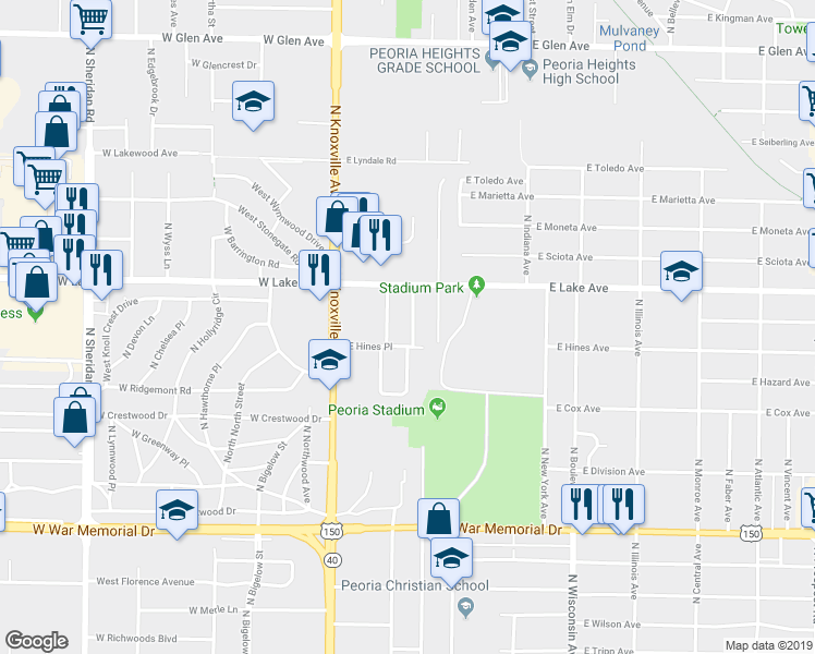 map of restaurants, bars, coffee shops, grocery stores, and more near 4227 North Wycliffe Road in Peoria