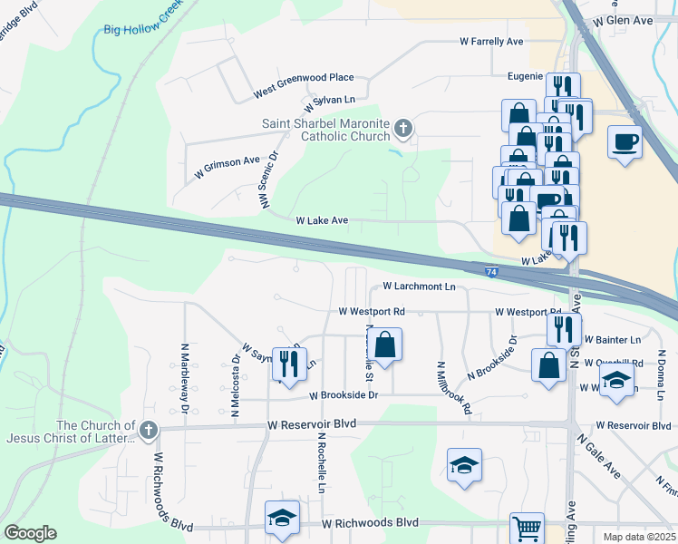 map of restaurants, bars, coffee shops, grocery stores, and more near 4130 North Rochelle Lane in Peoria