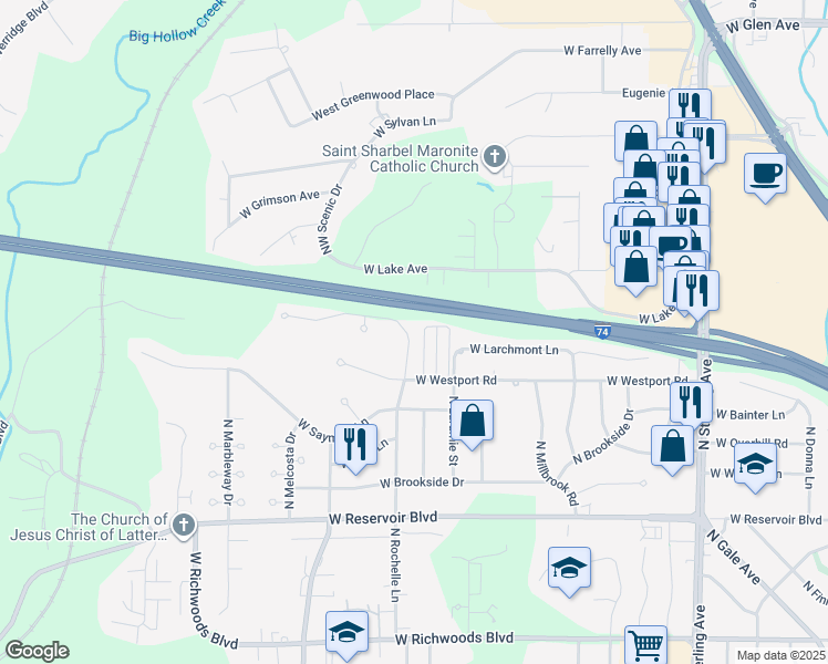 map of restaurants, bars, coffee shops, grocery stores, and more near 4130 North Rochelle Lane in Peoria