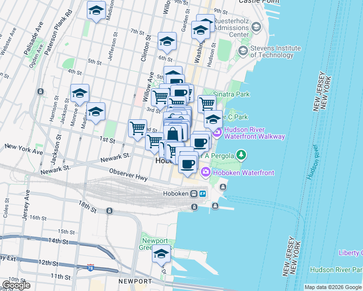 map of restaurants, bars, coffee shops, grocery stores, and more near 128 Washington Street in Hoboken