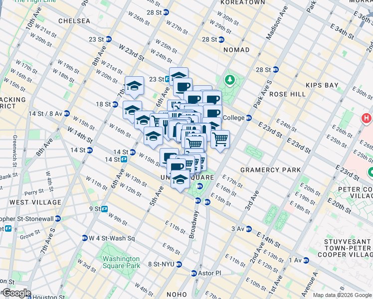 map of restaurants, bars, coffee shops, grocery stores, and more near 103 5th Avenue in New York