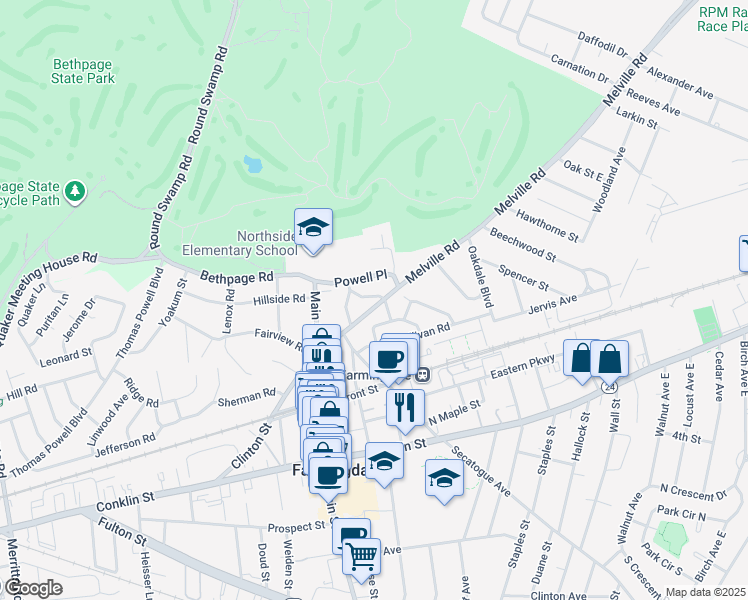 map of restaurants, bars, coffee shops, grocery stores, and more near 215 Melville Road in Farmingdale