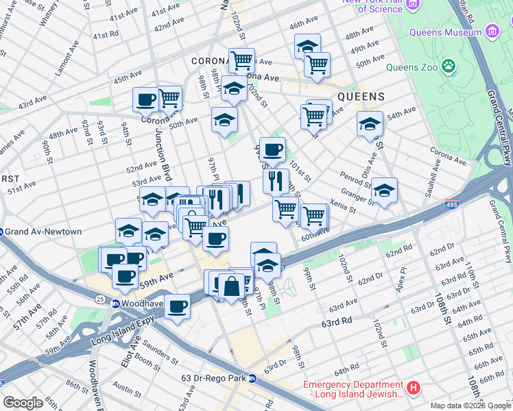 map of restaurants, bars, coffee shops, grocery stores, and more near 55-25 98th Place in Queens