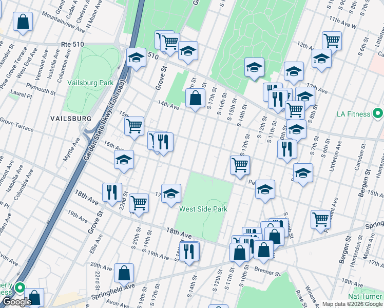 map of restaurants, bars, coffee shops, grocery stores, and more near 512 South 17th Street in Newark