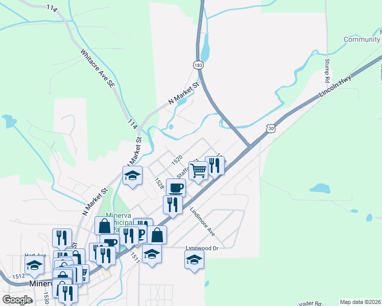 map of restaurants, bars, coffee shops, grocery stores, and more near 932 1520 in Minerva
