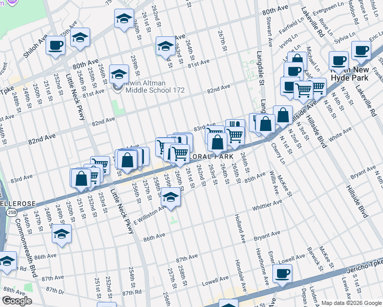 map of restaurants, bars, coffee shops, grocery stores, and more near 83-38 262nd Street in Queens
