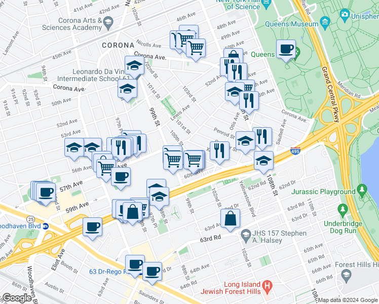 map of restaurants, bars, coffee shops, grocery stores, and more near 3 100th Street in Queens