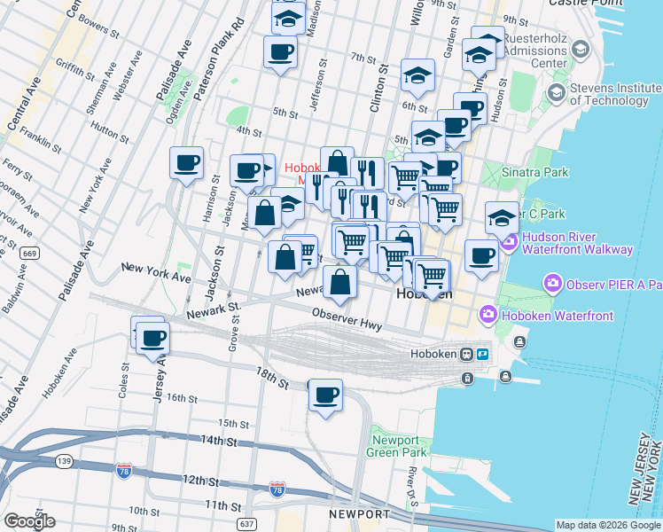 map of restaurants, bars, coffee shops, grocery stores, and more near in Hoboken