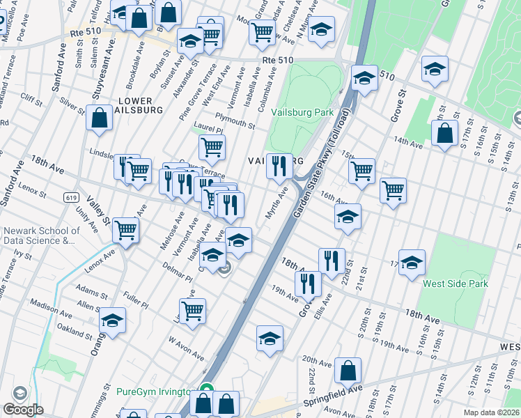 map of restaurants, bars, coffee shops, grocery stores, and more near 194 Munn Avenue in Irvington