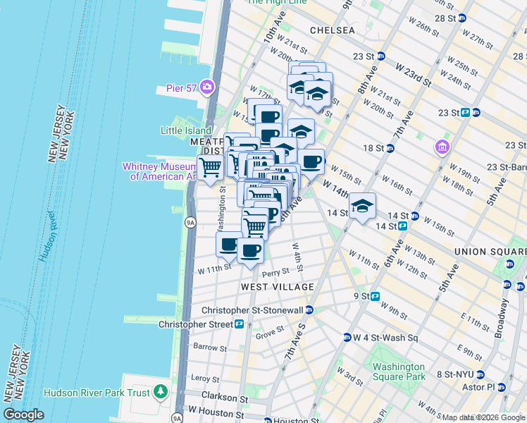 map of restaurants, bars, coffee shops, grocery stores, and more near Jane St in New York