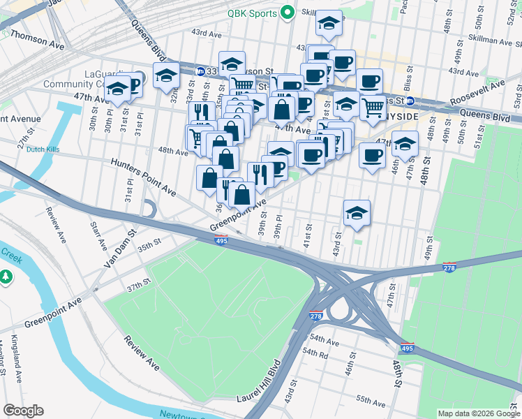 map of restaurants, bars, coffee shops, grocery stores, and more near in Queens