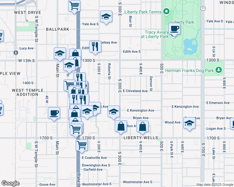 map of restaurants, bars, coffee shops, grocery stores, and more near 1437 Roberta Street in Salt Lake City