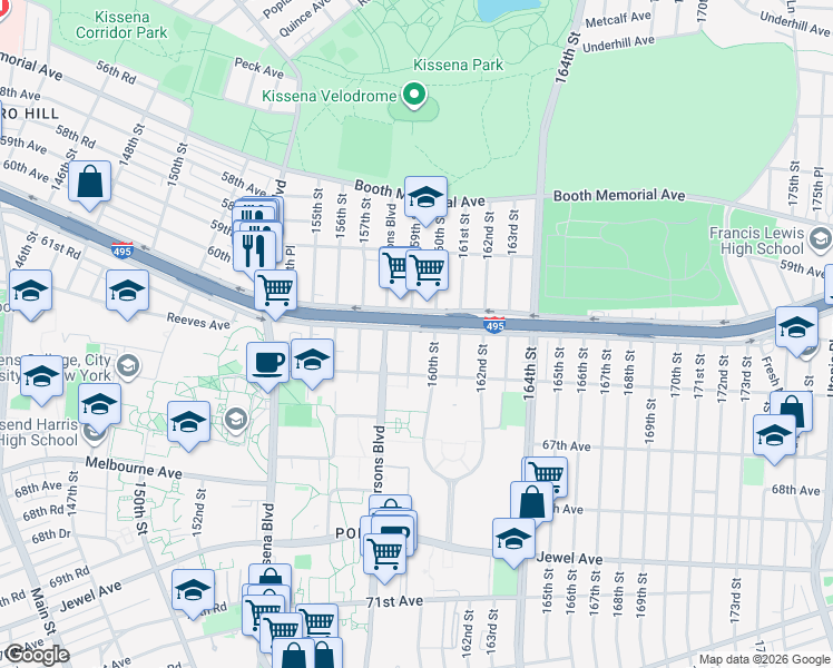 map of restaurants, bars, coffee shops, grocery stores, and more near in Queens