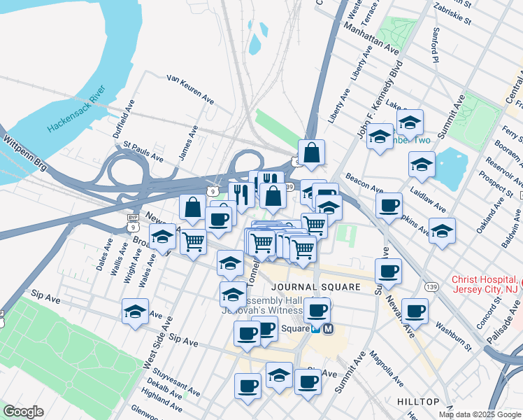 map of restaurants, bars, coffee shops, grocery stores, and more near 50 Dey Street in Jersey City