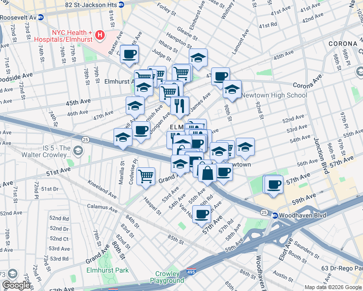 map of restaurants, bars, coffee shops, grocery stores, and more near 84-20 51st Avenue in Queens