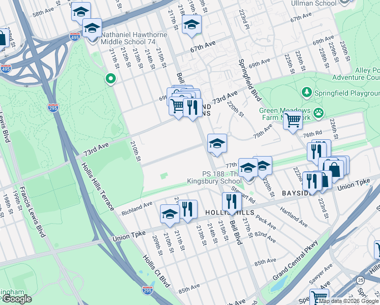 map of restaurants, bars, coffee shops, grocery stores, and more near 75-08 Bell Boulevard in Queens