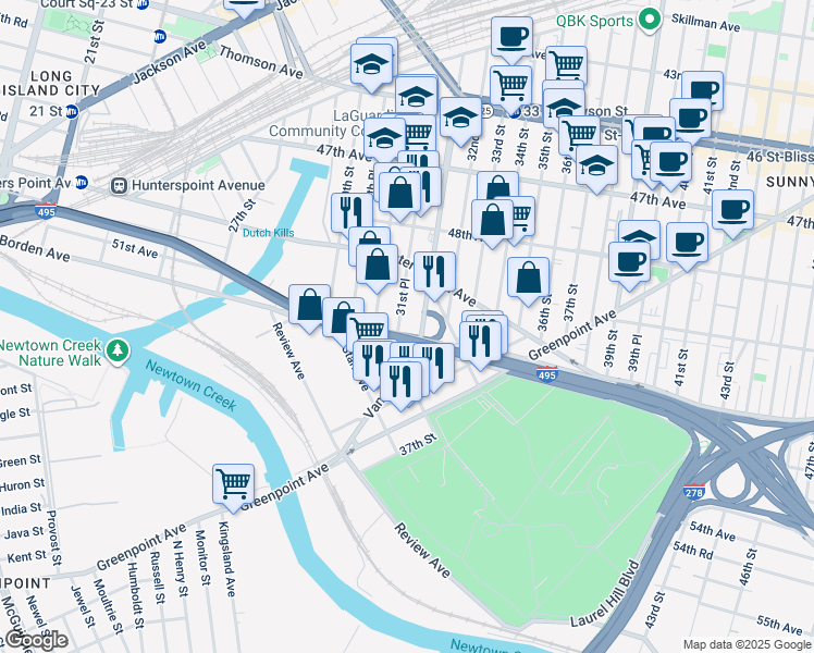 map of restaurants, bars, coffee shops, grocery stores, and more near 49-20 Van Dam Street in Queens
