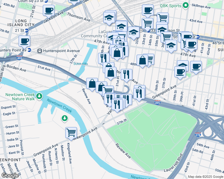 map of restaurants, bars, coffee shops, grocery stores, and more near 49-47 31st Street in Queens